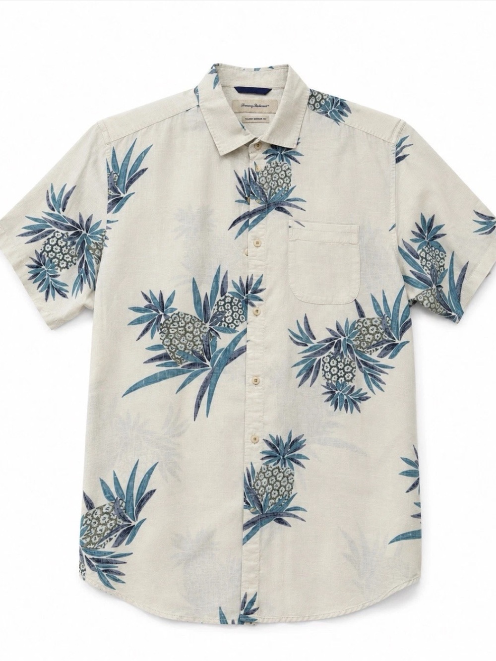 Tommy Bahama Cream Short Sleeve Shirt with Blue Pineapple Print